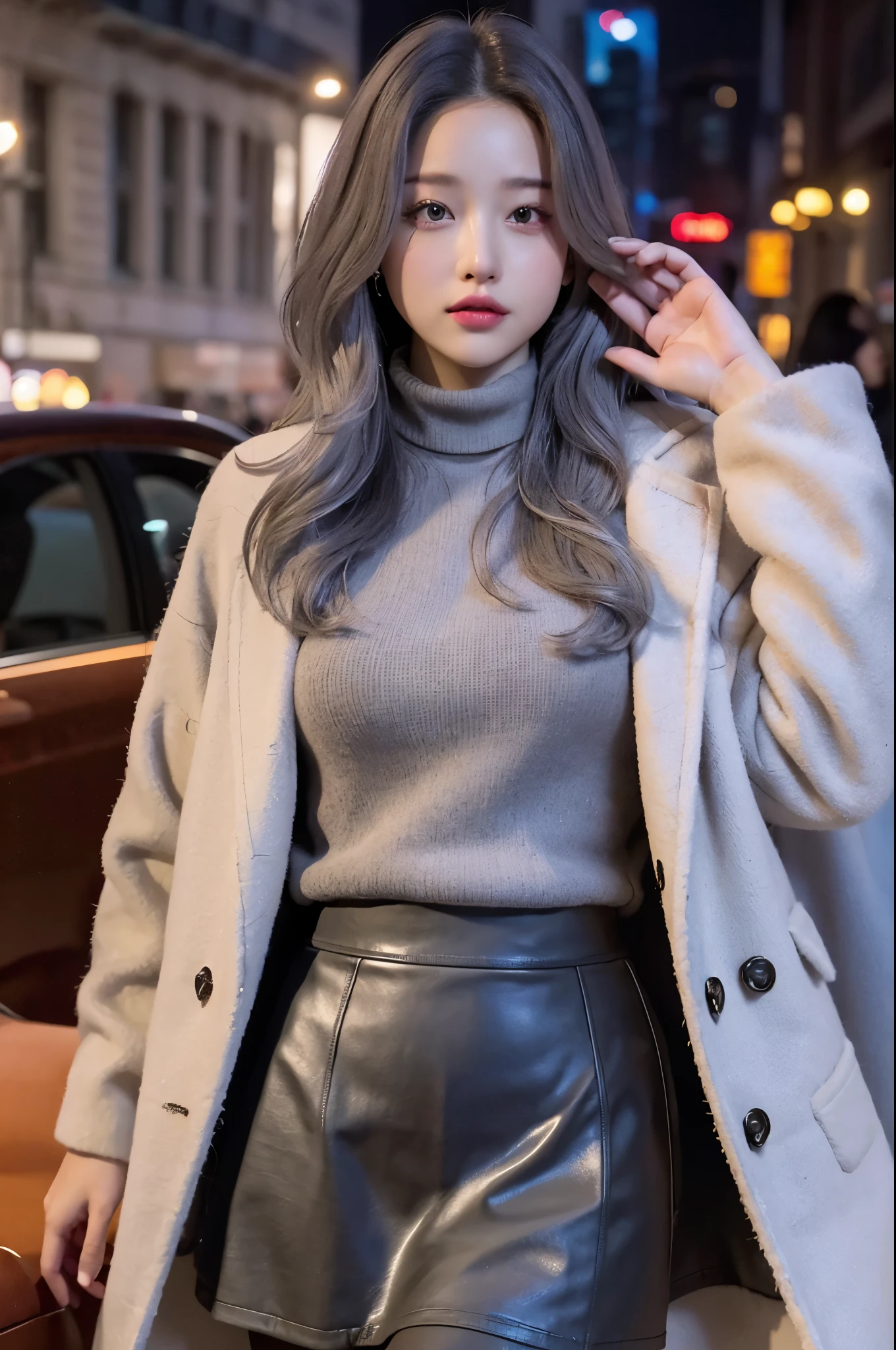 realistic, High resolution, 1 female, glowing skin, alone, wide lips,long hair,wavy hair, hip up,saggy breasts,small face,Gray color hair,Color Contacts,Turtleneck sweater,Tight Skirt,Wear a long coat,City of night
