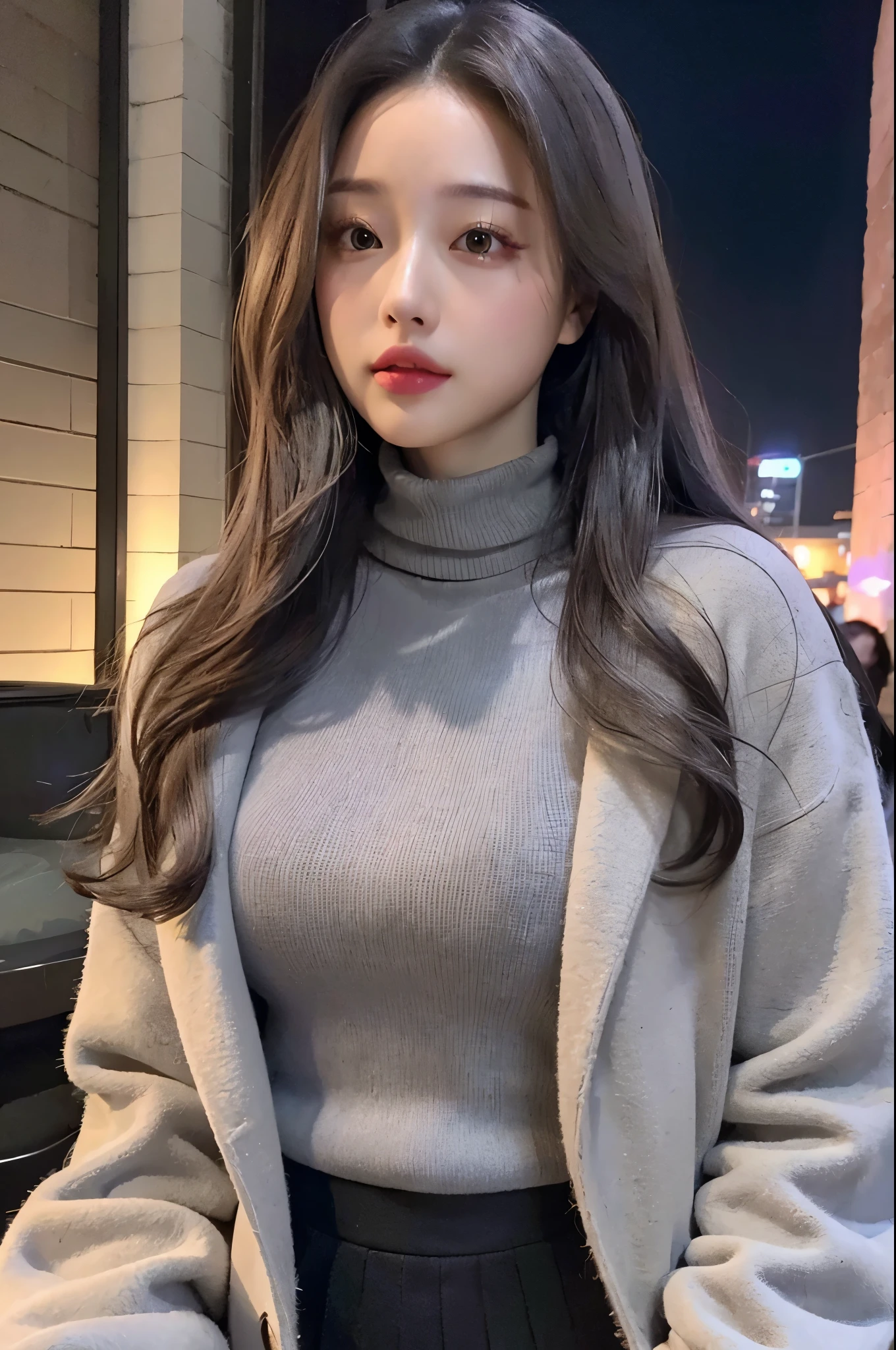 realistic, High resolution, 1 female, glowing skin, alone, wide lips,long hair,wavy hair, hip up,saggy breasts,small face,Gray color hair,Color Contacts,Turtleneck sweater,Tight Skirt,Wear a long coat,City of night