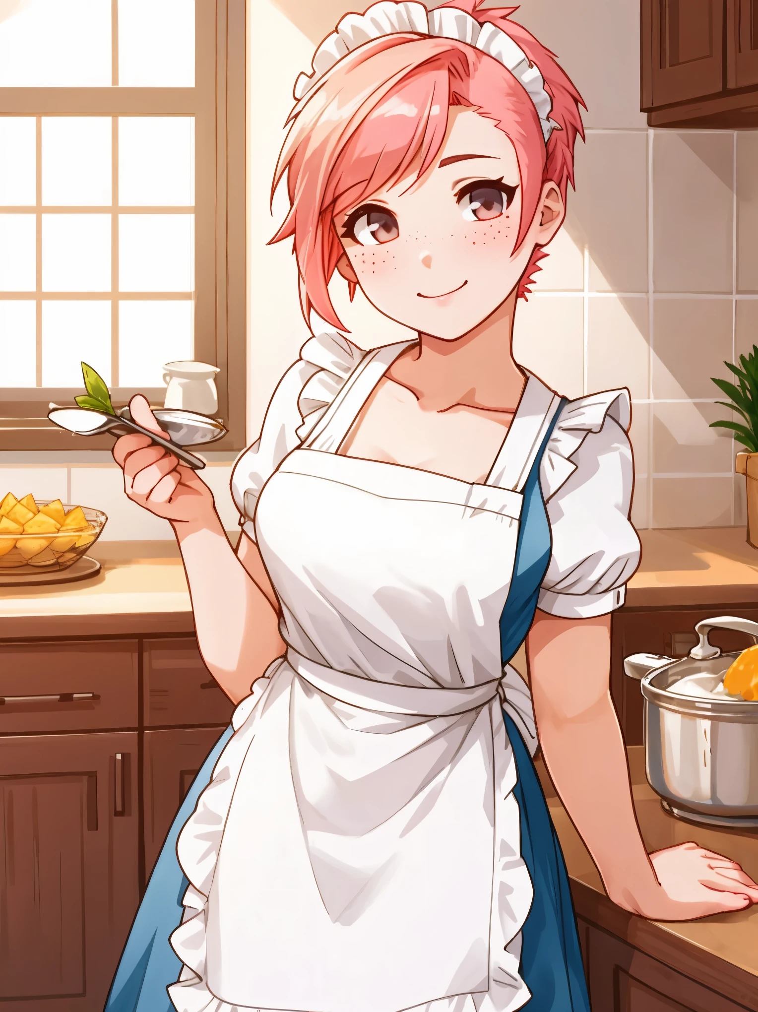 a closeup portrait of a playful maid, undercut hair, natural, apron, amazing body, pronounced feminine feature, kitchen, [ash blonde | ginger | pink hair], freckles, flirting with camera