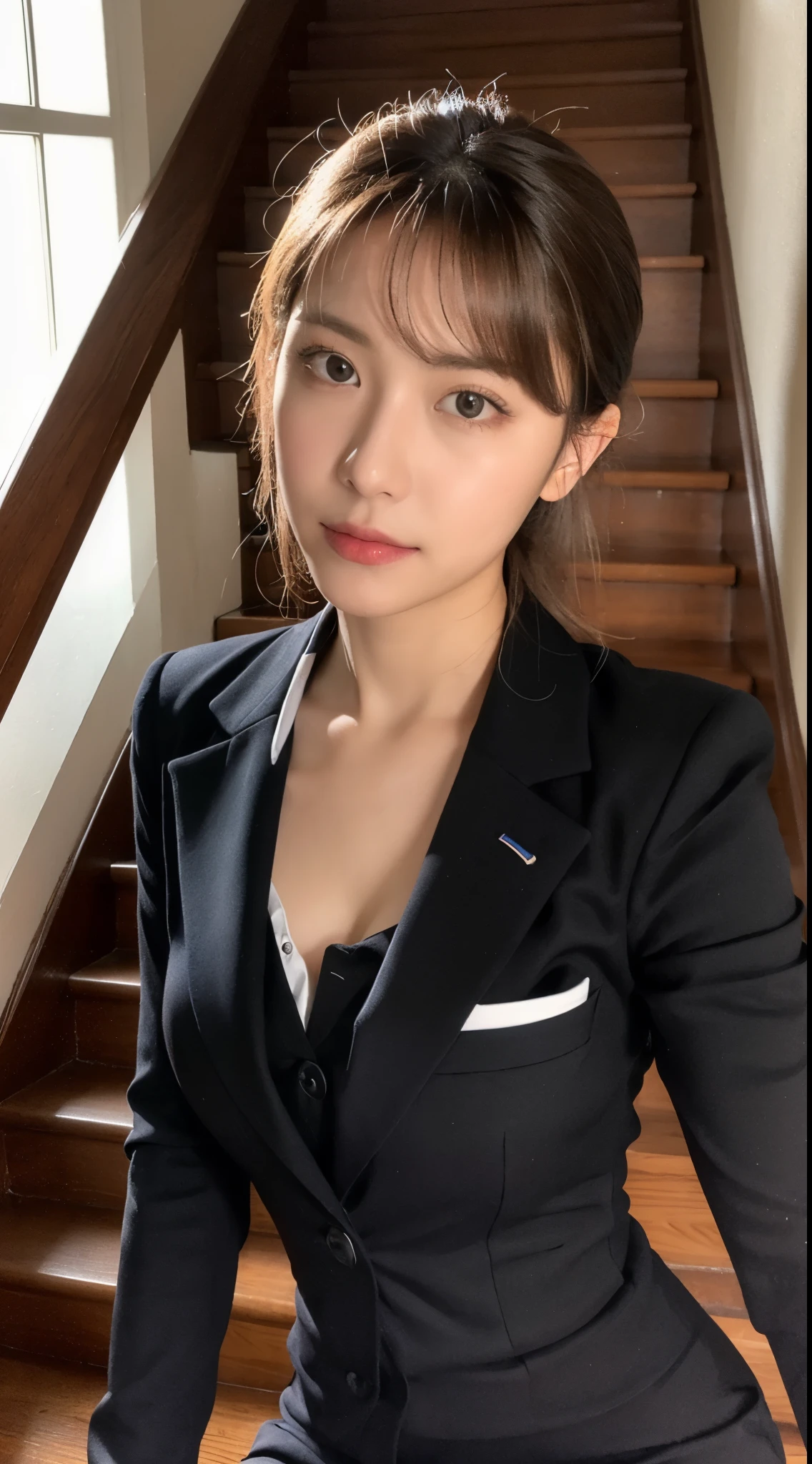 ulzzang-6500-v1.1, (RAW photo:1.2), (realistic), beautiful detailed girl, (genuine: 1.4), 1 female, スカートとジャケットを着た女性がsitting on the stairsいます, business woman, Wearing pantyhose、sitting on the stairs, 厳格なbusiness suitを着ている, business wear, business suitを着て, business suitを着ている, business suitを着ている, Business service, woman wearing office dress, girl in a suit, business suit, business attire, huge file size, High resolution, very detailed, highest quality, [masterpiece:1.6], enlightenment, very detailed, finely, highest quality, 8k wallpaper, movie lighting, 1 girl, 26 years old, perfect body shape, cute droopy eyes、beautiful big eyes、highest quality, 1 girl, eye shadow, ((full body shot:1.3))、