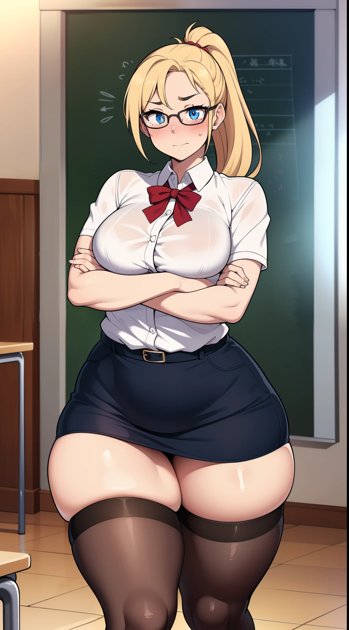 , ((highres)),Masterpiece, high quality, best quality, beautiful, perfect lighting, detailed face, ultra cute face, ((1girl)), ((solo), long blonde hair, ponytail, blue eyes, glasses, embarrassed look, masochist, aroused, ((blush)), looking at viewer, arms crossed, standing in a classroom, (classroom), daytime, dress shirt, pencil skirt, (tight clothes), (pudgy), (thigh highs), (wide hips), ((thick thighs)), medium breasts, perky breasts, 24 year old female,