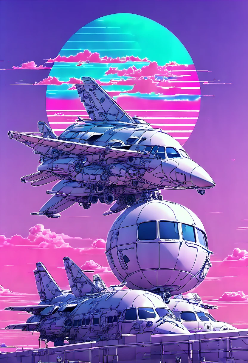 (Vaporwave Aesthetic:1.8)，Beautiful vaporwave aesthetics in artwork，Many aircraft and mechanical creatures