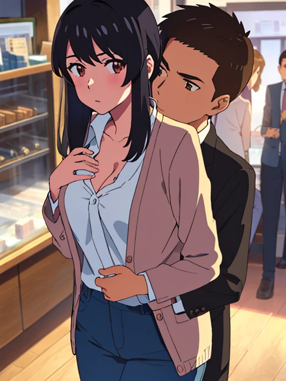 shinkai makoto, kimi no na wa., 3boys, buzzcut, office suit, 3boys touching girl chest,chestgrope from behind, kiss cheeks, passionate hug, boy is hugging from behind, gang rape, 3boys rape 1girl, 1girl, bangs, black hair, brown eyes, twisted half up, red ribbon, long hair, long sleeve light yellow cardigan, open shirt, white shirt, cleavage, breast, medium breast, blue pants, name tag written "LUMINE Miyamizu", looking at the viewer, indoors, jewelry shop, indoors, mallmasterpiece, perfect anatomy, cowboyshot, 