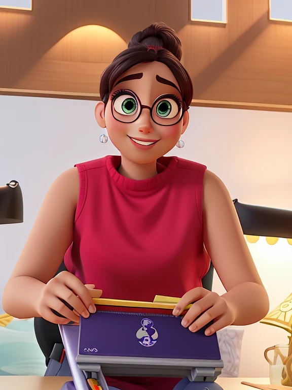 mulher estilo disney pixar, sem franja, com olhos escuros no escritorio