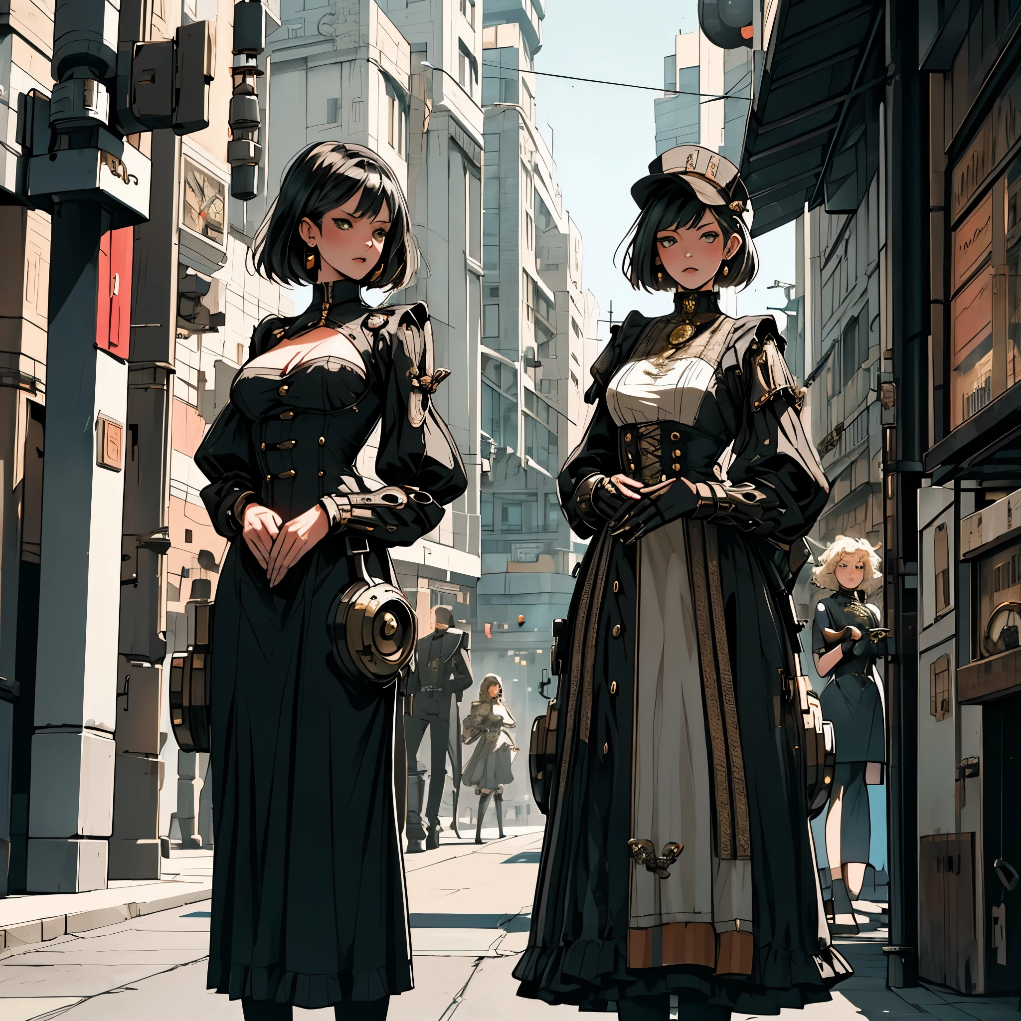 Two robots stand on the street, wearing a detailed steampunk dress, Cinematic style photography, two women, Inspired by Jean Tabor, three women, terminal, Fish man々, Photo taken in 2008, Ian McCaig, Humanized, 5 0 0 pixel model, promotional photos, 1 9th century photographs  