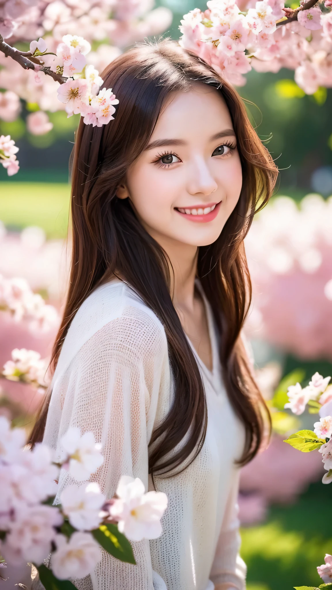 (1young girl), cute face, kawaii, Brown hair, instagram beautiful girl photos, great smiles, (Best Quality:1.3), (Ultra-detailed), (extremely detailed CG unified 8k wallpaper), Highly detailed, High-definition raw color photos, Professional Photography, cherry blossom, colorful pictures, colorful photos, depth of fields, 