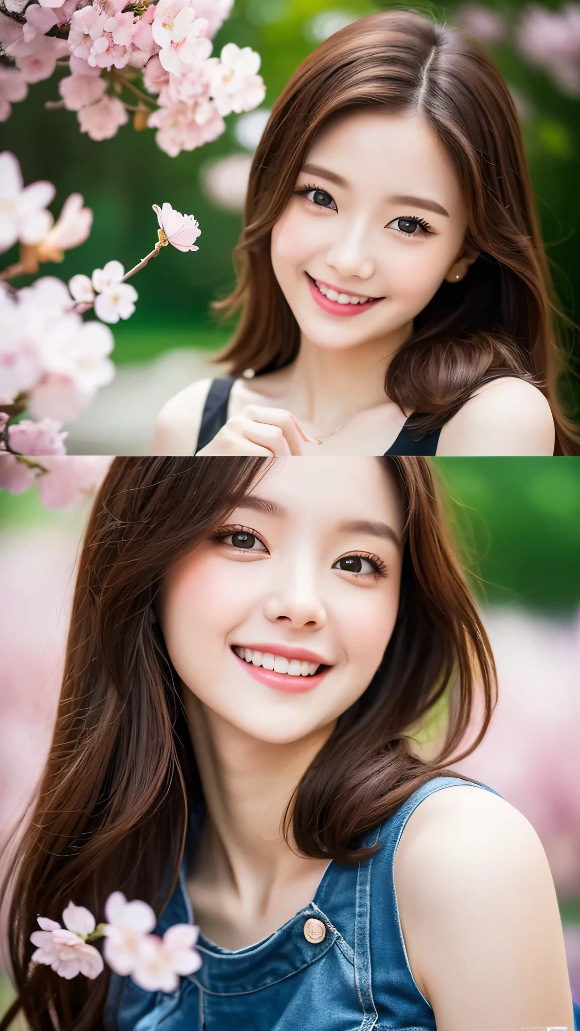 (1young girl), cute face, kawaii, Brown hair, instagram beautiful girl photos, great smiles, (Best Quality:1.3), (Ultra-detailed), (extremely detailed CG unified 8k wallpaper), Highly detailed, High-definition raw color photos, Professional Photography, cherry blossom, colorful pictures, colorful photos, depth of fields, 
