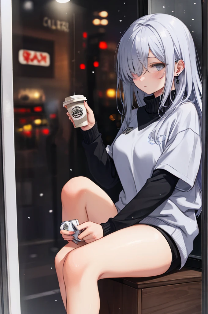 ((masterpiece:1.4, best quality:1.2)), 1girl, solo focus, beautiful skin, blush, grey sweatshirt, long white hair, grey eyes, sitting, earrings, Hands piercing, coffee shop window, night, snowing, cityscape, tall female, beautiful and delicate female, comfy ambience, {detailed background}, hair over one eye, shy, sexy female genitalia