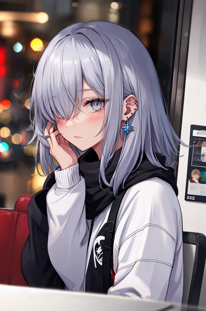 ((masterpiece:1.4, best quality:1.2)), 1girl, solo focus, beautiful skin, blush, grey sweatshirt, long white hair, grey eyes, sitting, earrings, Hands piercing, coffee shop window, night, snowing, cityscape, tall female, beautiful and delicate female, comfy ambience, {detailed background}, hair over one eye, shy, sexy female genitalia
