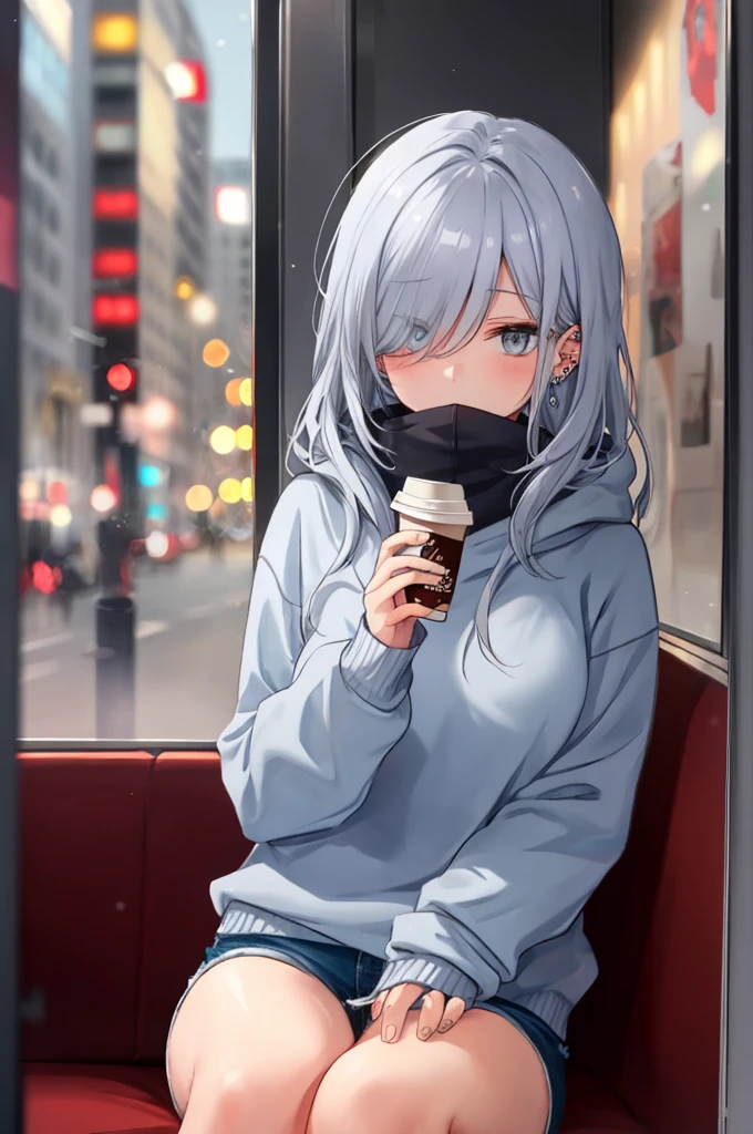 ((masterpiece:1.4, best quality:1.2)), 1girl, solo focus, beautiful skin, blush, grey sweatshirt, long white hair, grey eyes, sitting, earrings, Hands piercing, coffee shop window, night, snowing, cityscape, tall female, beautiful and delicate female, comfy ambience, {detailed background}, hair over one eye, shy, sexy female genitalia