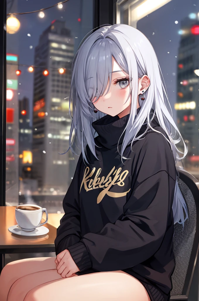((masterpiece:1.4, best quality:1.2)), 1girl, solo focus, beautiful skin, blush, grey sweatshirt, long white hair, grey eyes, sitting, earrings, Hands piercing, coffee shop window, night, snowing, cityscape, tall female, beautiful and delicate female, comfy ambience, {detailed background}, hair over one eye, shy, sexy female genitalia