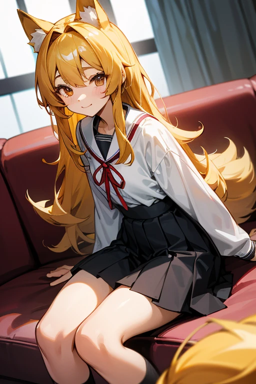 An adorable Japanese girl with bushy, back-length golden hair and big, golden eyes. She has the ears of a Golden Retriever on top of her head and the tail of a Golden Retriever coming out of her tailbone. Her waist, and arms are slim while her legs are long, slender and shapely. She's wearing a white formal shirt with a red ribbon at the collar, a black pleated skirt, black knee high socks and black sports sneakers. She's sitting and smiling on a plush couch in a modern indoors environment.