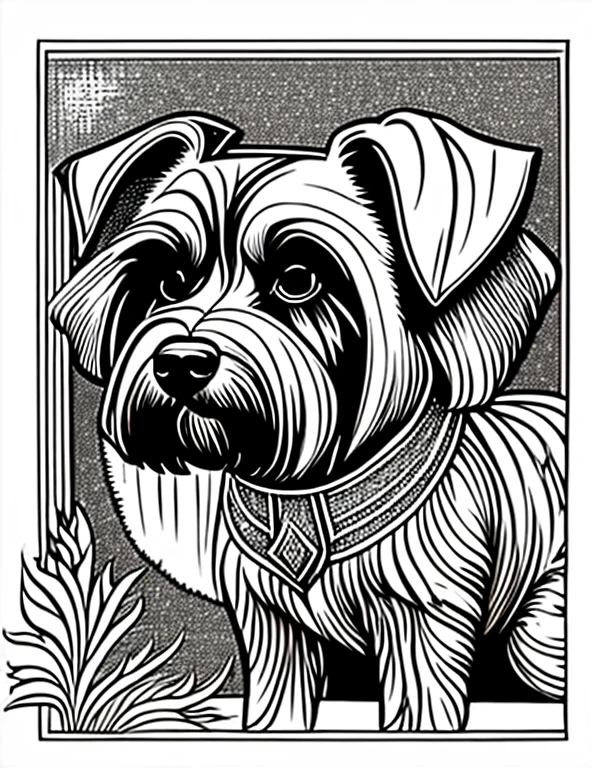 a Schnauzer dog
, Fantasia, magical, mystic, incomum, Preto e branco, linhas onduladas, desenho de arte de linha realista, book coloring page, sem barulho, sharp thick lines, Arte de contorno, imagem centralizada, isolado em um fundo branco