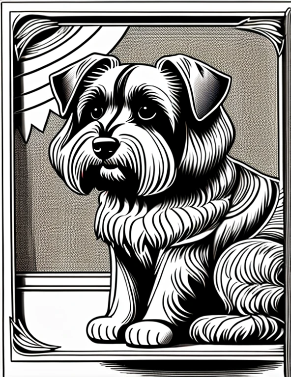 a Schnauzer dog
, Fantasia, magical, mystic, incomum, Preto e branco, linhas onduladas, desenho de arte de linha realista, book coloring page, sem barulho, sharp thick lines, Arte de contorno, imagem centralizada, isolado em um fundo branco  