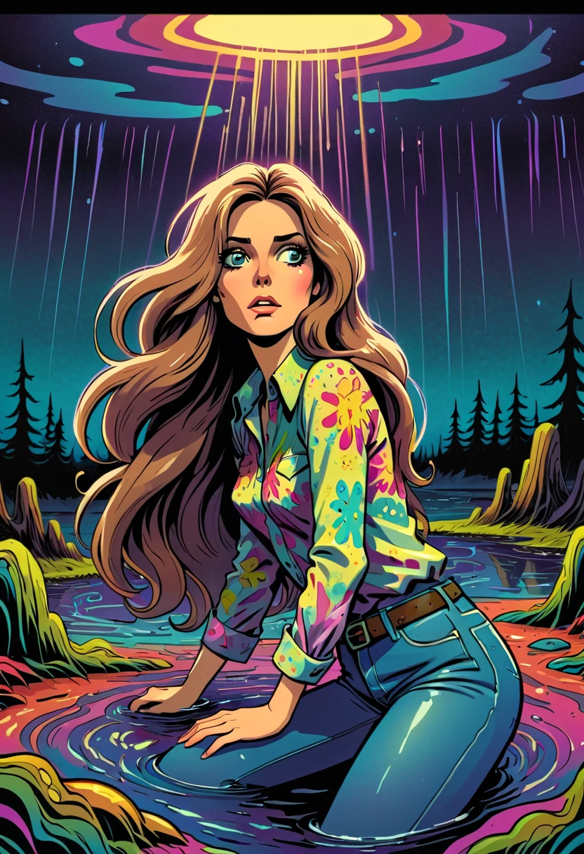 (cartoon,masterpiece:1.2), 70s setting, woman with long flowing hair, wearing soaking wet and muddy jeans, experiencing sexual tension, drowning in a bog, surrounded by colorful psychedelic patterns. The atmosphere is retro with a dark ambiance, creating a sense of sexual ecstasy. The lighting is dim, casting an alluring glow over the scene.