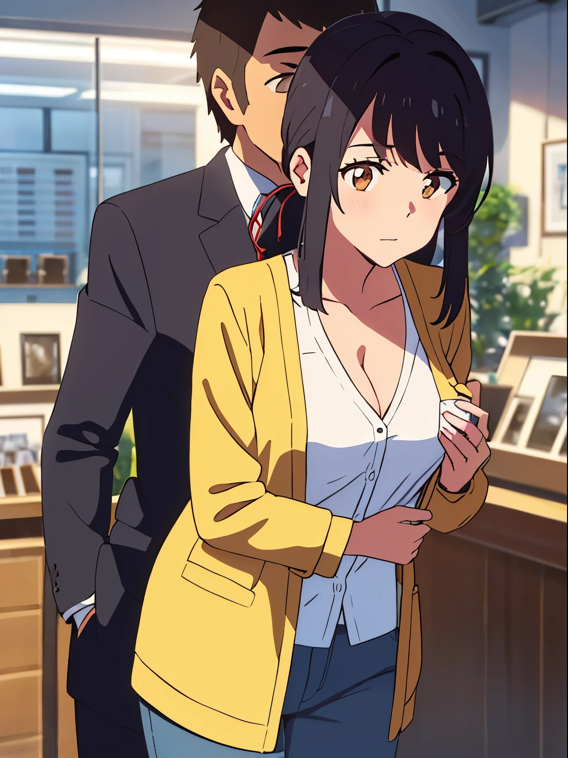 shinkai makoto, kimi no na wa., 3boys, buzzcut, office suit, 3boys touching girl chest,chestgrope from behind, kiss cheeks, passionate hug, boy is hugging from behind, gang rape, 3boys rape 1girl, 1girl, bangs, black hair, brown eyes, twisted half up, red ribbon, long hair, long sleeve light yellow cardigan, open shirt, white shirt, cleavage, breast, medium breast, blue pants, name tag written "LUMINE Miyamizu", looking at the viewer, indoors, jewelry shop, indoors, mallmasterpiece, perfect anatomy, cowboyshot, 