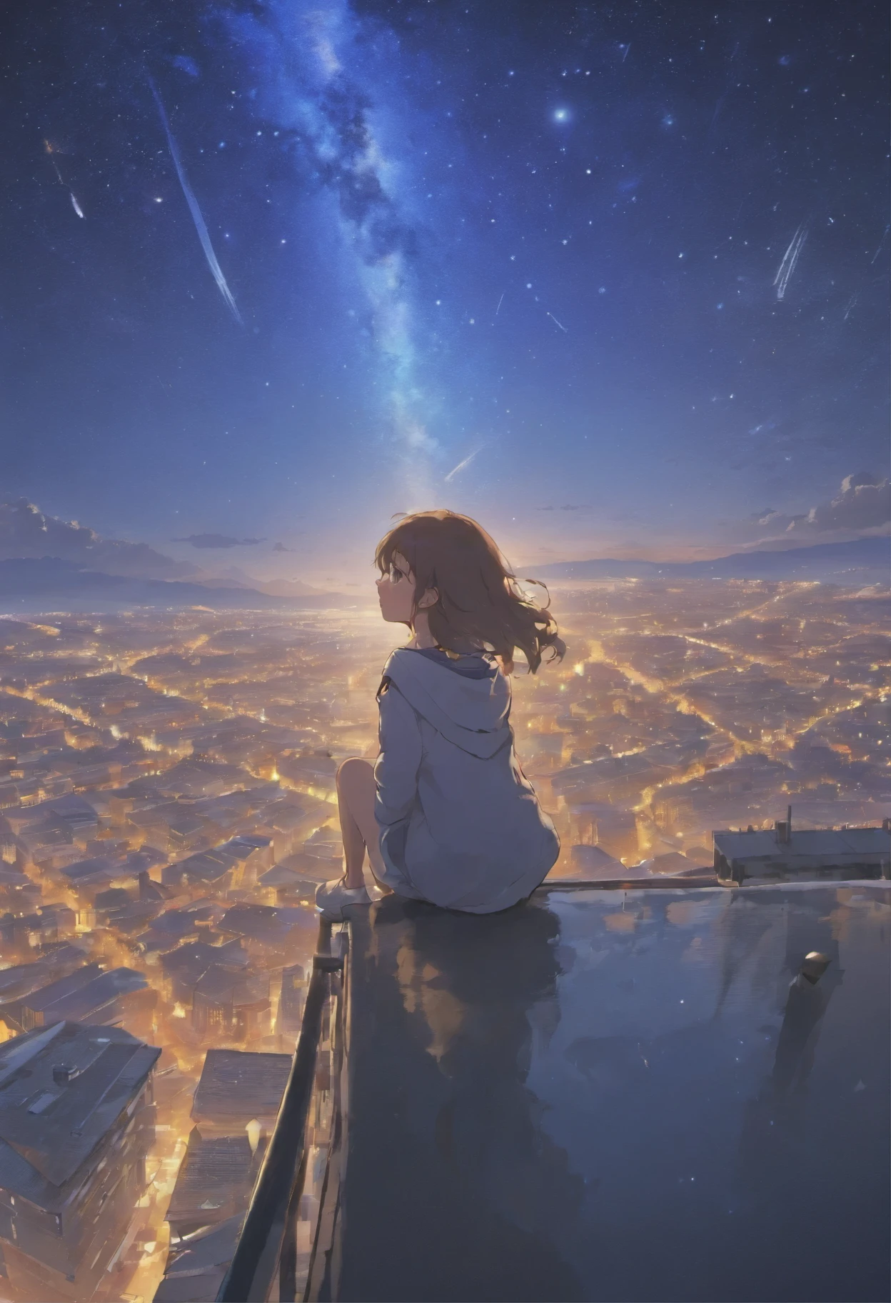 (Masterpiece, highest quality: 1.4), Girl standing with an umbrella, Rain and Umbrella, Sky, Stars (Sky), Landscape, Starry Sky, Night, Night, Outdoors, Buildings, Clouds, Milky Way, Movie Scene. A city at night with falling powder snow. A gentle time. Spectacular landscape of space and starry sky, planets and moon. Back view, soft expression. Wrapped in the soft winter breeze, it is magical and beautiful. over time. Exaggerated identity. Powerful yet gentle. Angle looking up at the earth super delicate, 8K 4K modern animation Perfect composition, octane, sky, stars (sky), scenery, starry sky, night, one girl, night sky, alone, outdoors, buildings, clouds, milky way, sitting , long hair, - style of a beautiful sky scene with stars and planets, space sky. por makoto shinkai, anime art wallpaper 4k, anime art wallpaper 4k, anime art wallpaper 8k, 4k anime wallpaper, anime wallpaper 4k, 4k anime wallpaper, anime sky, amazing wallpaper on paper, anime background, heavenly planets in the background, anime background art,