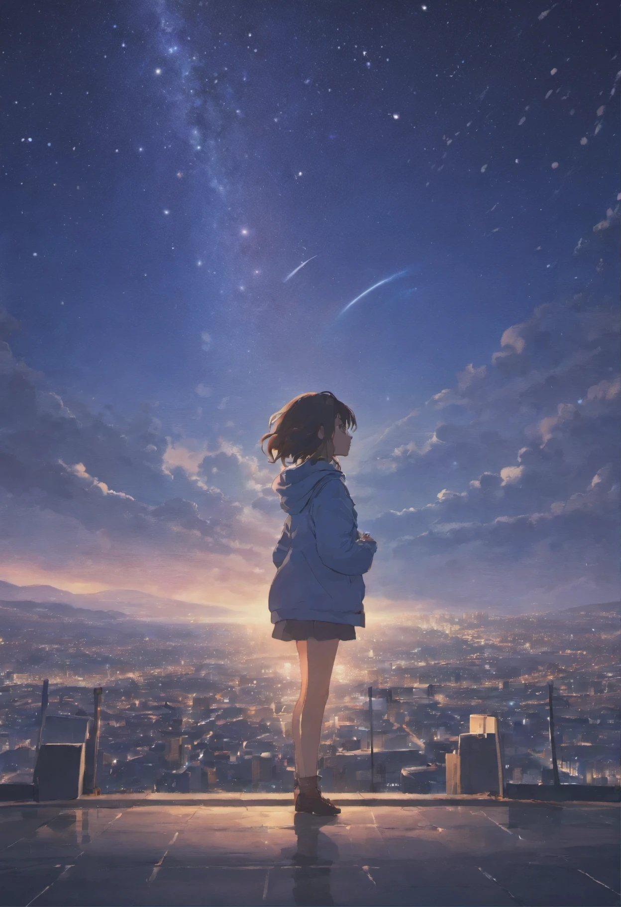 (Masterpiece, highest quality: 1.4), Girl standing with an umbrella, Rain and Umbrella, Sky, Stars (Sky), Landscape, Starry Sky, Night, Night, Outdoors, Buildings, Clouds, Milky Way, Movie Scene. A city at night with falling powder snow. A gentle time. Spectacular landscape of space and starry sky, planets and moon. Back view, soft expression. Wrapped in the soft winter breeze, it is magical and beautiful. over time. Exaggerated identity. Powerful yet gentle. Angle looking up at the earth super delicate, 8K 4K modern animation Perfect composition, octane, sky, stars (sky), scenery, starry sky, night, one girl, night sky, alone, outdoors, buildings, clouds, milky way, sitting , long hair, - style of a beautiful sky scene with stars and planets, space sky. por makoto shinkai, anime art wallpaper 4k, anime art wallpaper 4k, anime art wallpaper 8k, 4k anime wallpaper, anime wallpaper 4k, 4k anime wallpaper, anime sky, amazing wallpaper on paper, anime background, heavenly planets in the background, anime background art,