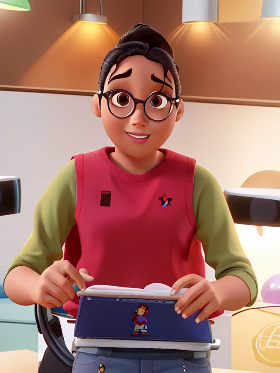 mulher estilo disney pixar, com cabelo amarrado e sem franja, com olhos negros em um no escritorio