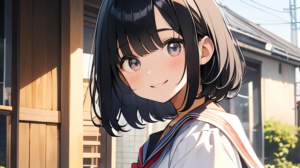 Hair is black、energetic high school student、18old girl、hair cut short、cute、In summer clothes、Sarah Clothes、eyes are black、inside the house、smile