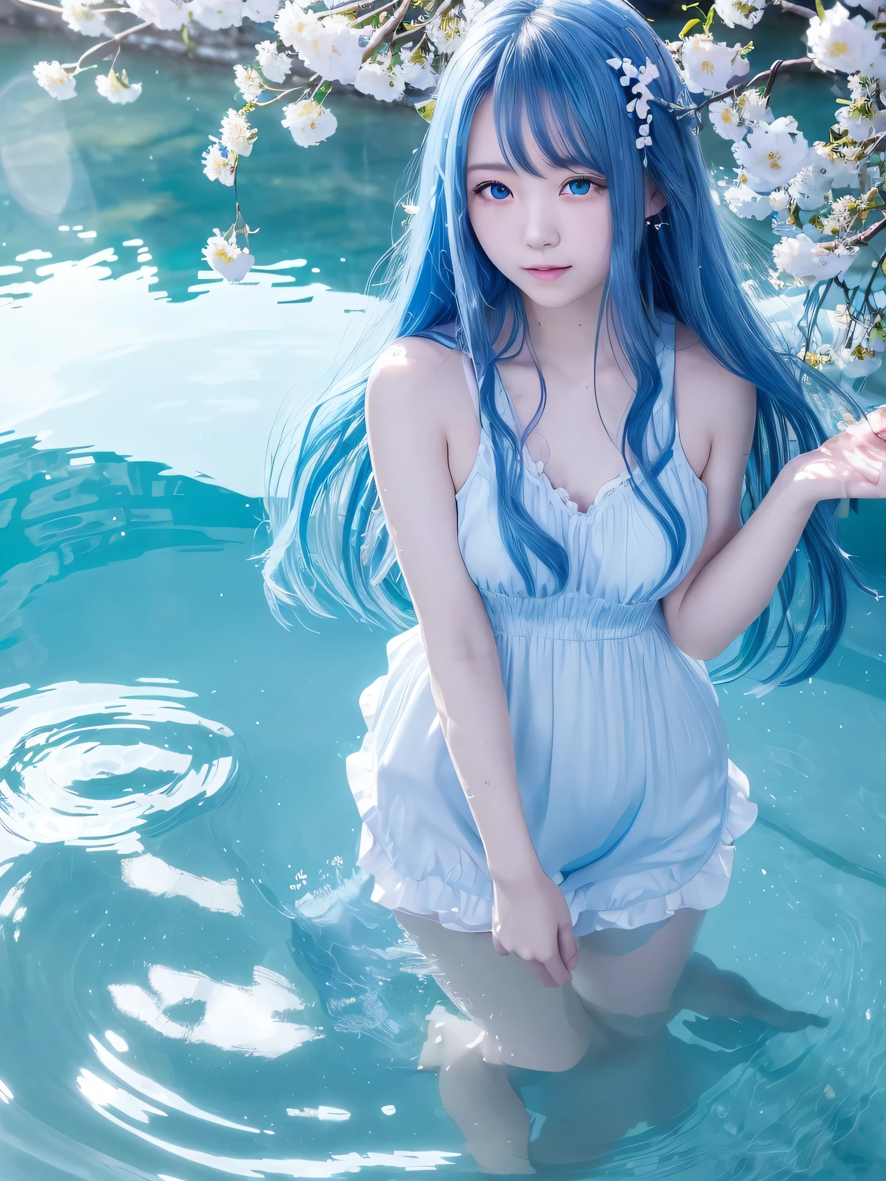 cute japanese girl　Godess of Water　Angel　Detailed light blue beautiful hair　long hair that is messy　gentle smile　Magical beautiful eyes　blue eyes　(Standing on the surface of the clear blue spring water:1.5)　Sunshine　Angelの羽衣　professional lighting