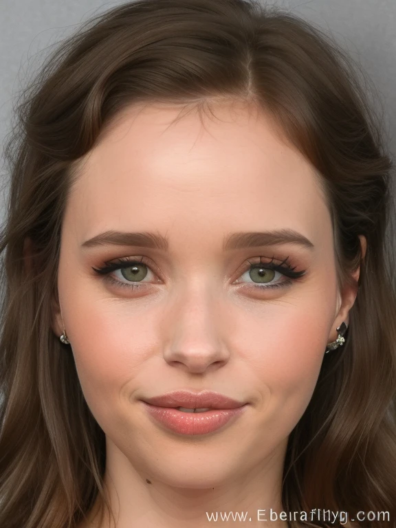 arafed woman with long brown hair and blue eyes posing for a picture, photorealistic beautiful face, realistic beautiful face, digital art. photo realistic, hyper realistic faces, hyper realistic face, photorealistic faces, (((portrait of Felicity Jones))), beautiful and realistic face, ultra realistic portrait,25 year-old, (brunette hair), shoulder-length curvy hair, ((deep set eyes)), ((brown eye color)), plum color lipstick, (((thin eyebrows))), (((winged eyebrows))), thin lips, big eyeliner, black eye shadow, pearly face skin.