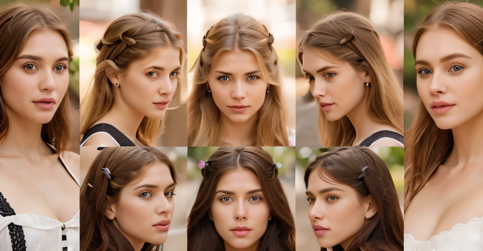 un primer plano de una mujer rubia con diferentes expresiones faciales, High precision facial features, symmetry precise human traits, Rasgos faciales fotorrealistas, realistic facial expression, rasgos del rostro femenino, Estructura facial femenina, facial symmetry, Rasgos faciales claros, variaciones de cara, caras fotorrealistas, Rasgos faciales atractivos, Realistic faces and anatomy, beautiful facial symmetry, with symmetrical facial features, peinado cola de caballo. rubia. 