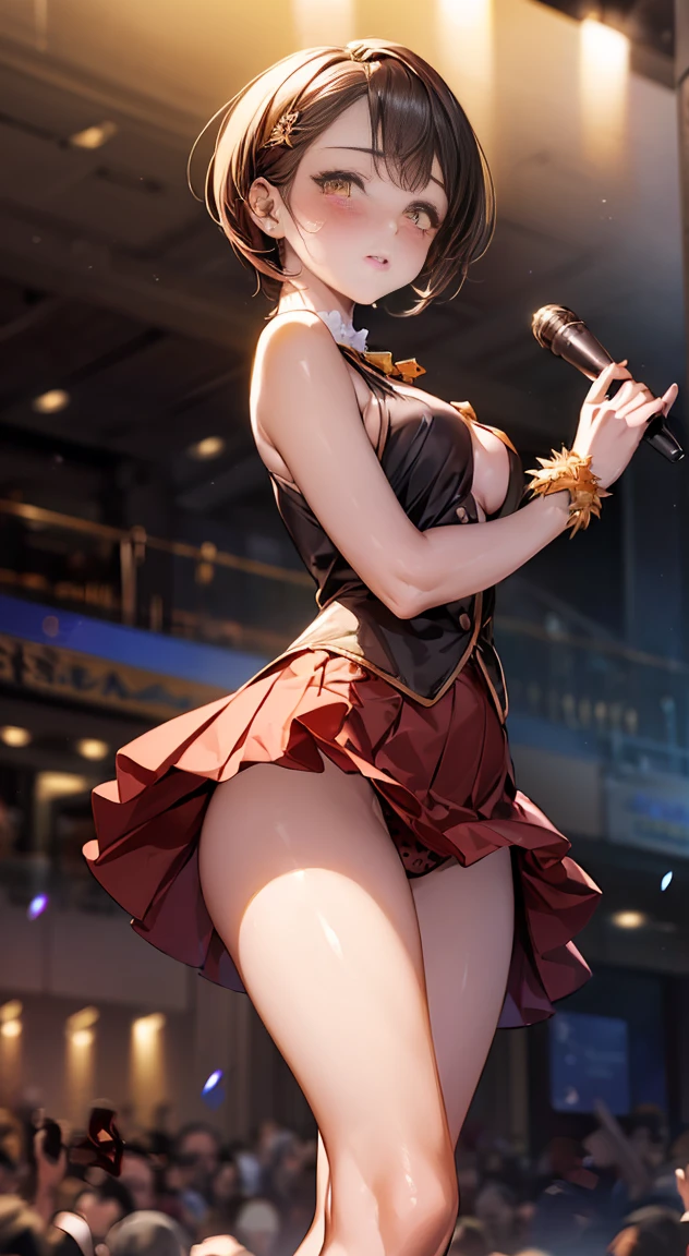 (masterpiece:1.2, highest quality), (realistic, photorealistic:1.4), beautiful illustrations,
looking at the viewer, whole body, Front view:0.6,
1 female, Japanese, ((Vermilion hair:1.5, Handsome Shorthair:1.5)), blown hair, bangs, ((small breasts, peach butt))
beautiful hair, beautiful face, beautiful and detailed eyes, (yellow eyes:1.3), beautiful clavicle, beautiful body, beautiful breasts, beautiful thighs, beautiful feet, beautiful fingers,
(beautiful scenery), beautiful concert stage,
((polka dot dress:1.3, detailed accessories, vest, mini skirt)), panties,
(Are standing, lift the skirt, Grab the hem of the skirt, put your hand on your chest, hand between legs, open your legs:1.3),
(Look at the viewer while blushing:1.3), ((idol costume:1.5))