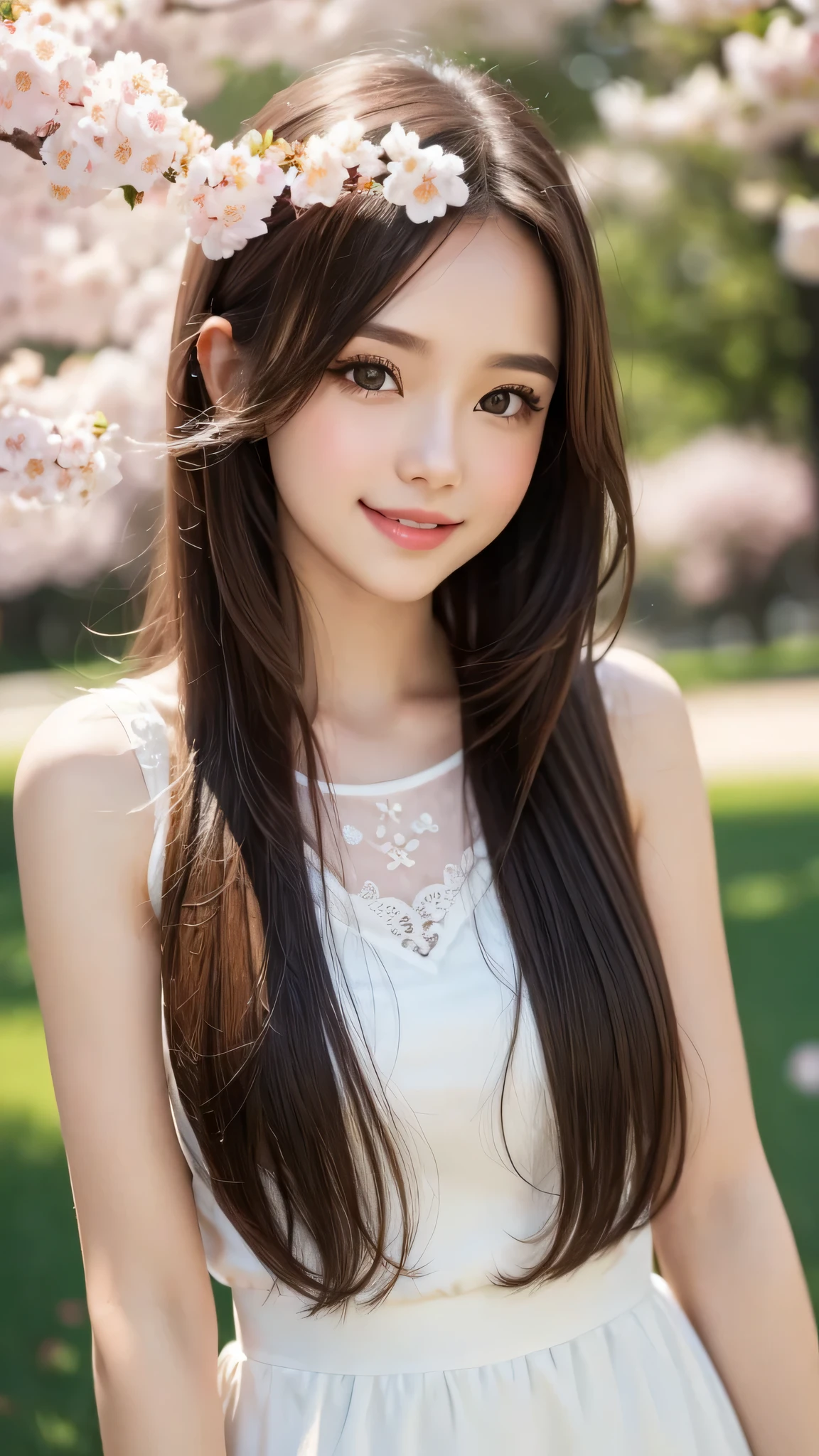 (1ung girl), cute face, kawaii, Brown hair, instagram beautiful girl photos, great smiles, (Best Quality:1.3), (Ultra-detailed), (extremely detailed CG unified 8k wallpaper), Highly detailed, High-definition raw color photos, Professional Photography, cherry blossom, colorful pictures, colorful photos, depth of fields, 