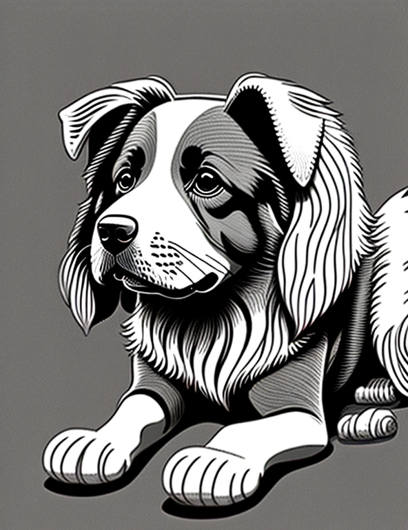 um cachorro estilo collie, Fantasia, magical, mystic, incomum, Preto e branco, linhas onduladas, desenho de arte de linha realista, book coloring page, sem barulho, sharp thick lines, Arte de contorno, imagem centralizada, isolado em um fundo branco