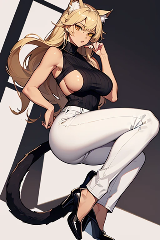 female, cat, big breast, big ass, yellow eyes, tan skin, (black sleeveless turtleneck shirt), (white pants), black heels, cat tail, full body, (1girl)