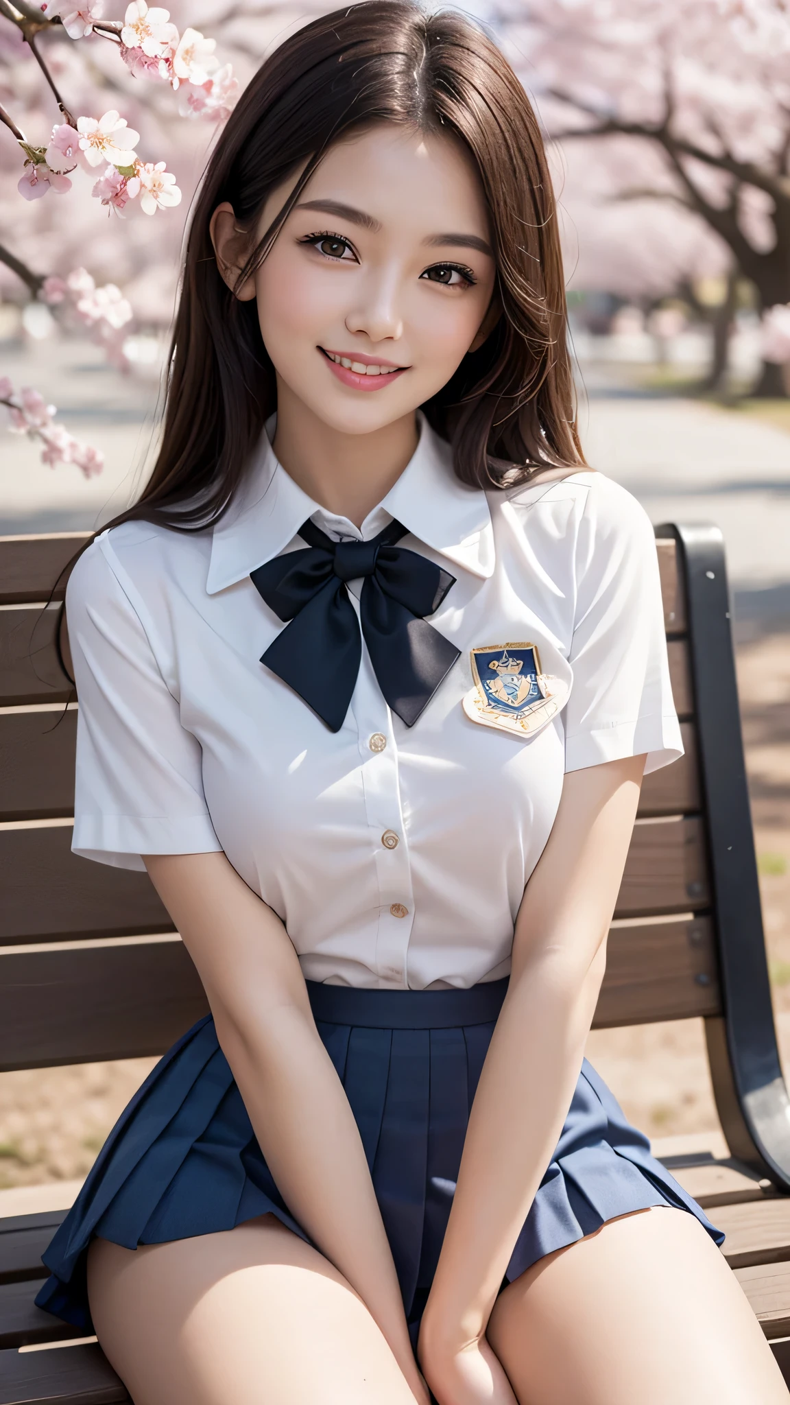 (1 girl), wonderful face and eyes, (big round eyes:1.15), (Highly detailed beautiful face), smile, (school uniform, pleated mini skirt:1.3), (school uniform with open breasts), (highest quality:1.4), (super detailed), (surreal, realistic:1.37), fair skin, Highly detailed CG integrated 8k wallpaper, RAW photo, professional photos, cinematic lighting, sitting, bench, spread your legs, (No panties), (cleft of venus:1.2), (Cherry Blossom), 