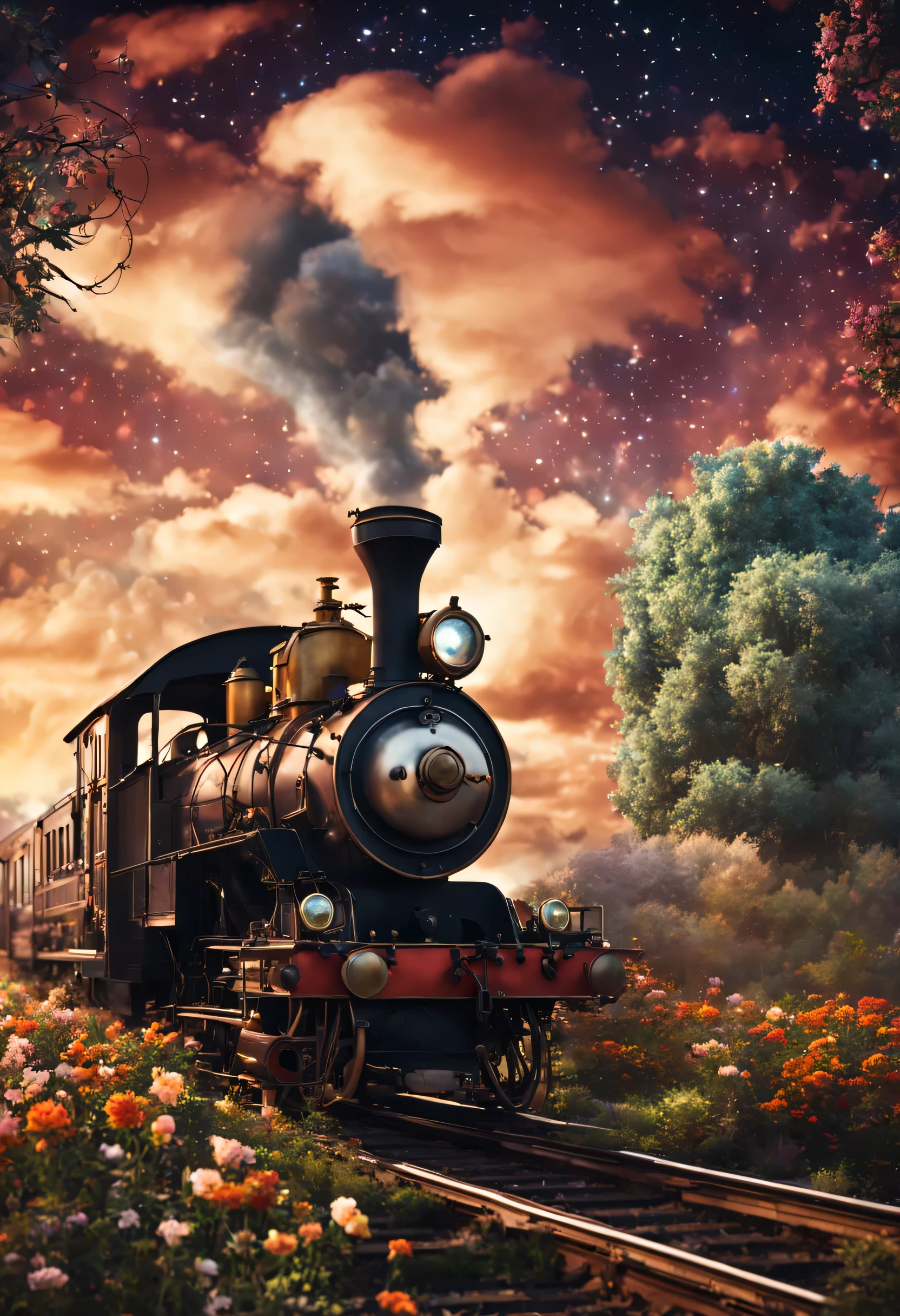 A vintage steam locomotive rides along rusty rails to a station overgrown with flowers with large stained glass windows.... steampunk style. Against the background of the cosmic sky