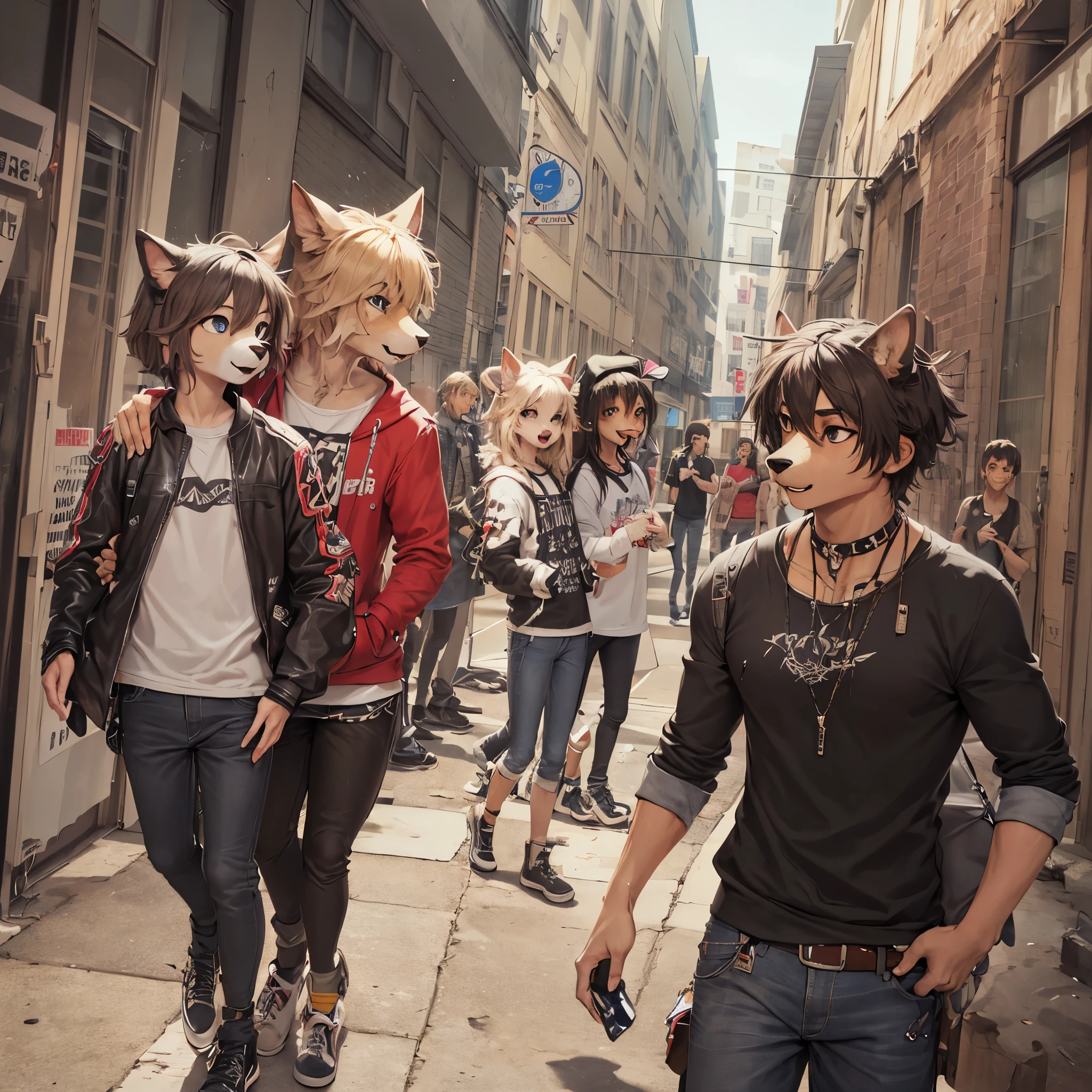 dynamic angle, top quality, best quality, High-quality illustrations, masterpiece, super high resolution, detailed background, detailed background, Stylish CD jacket, punk rock, torn Clothes, street, Concrete wall, group shot:0.1, 6+boys, 6+girls, Happy, joyful, absurdres(highly detailed beautiful face and eyes)perfect anatomy(kemono, furry anthro),