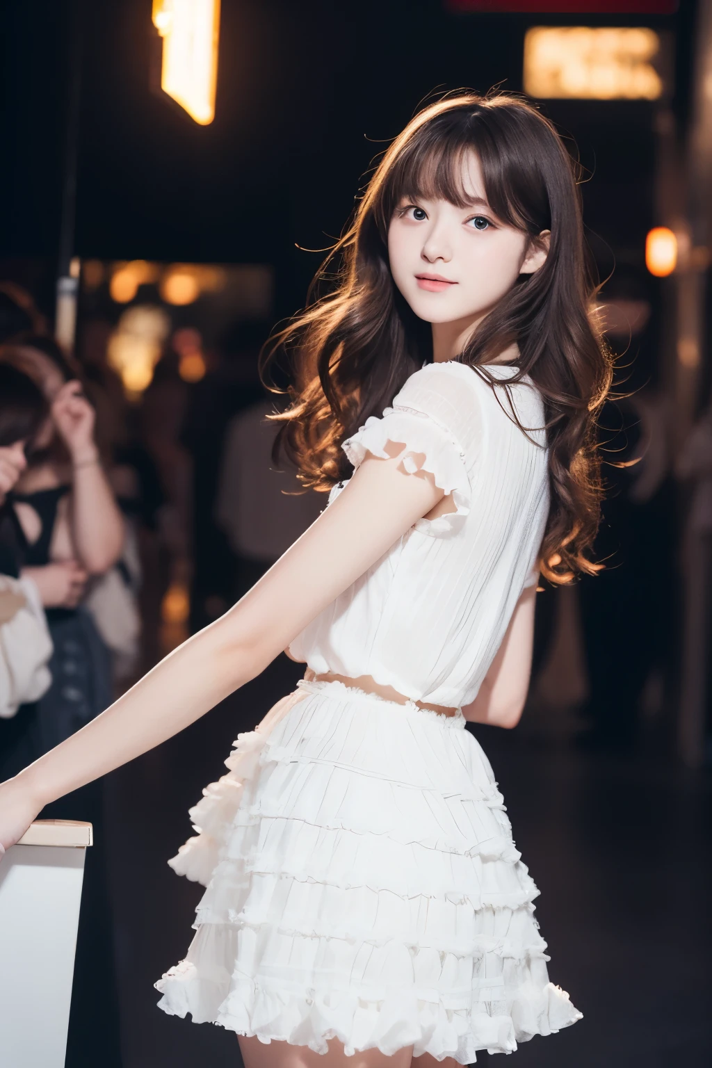 best quality, 32k, RAW photo, incredibly absurdres, extremely detailed, delicate texture, neat and cute girl, 18 years old, shy, a frilly, fluffy pure white dress like an idol's, skirt lift, perfect body line, beautiful glossy hair, wind, professional lighting