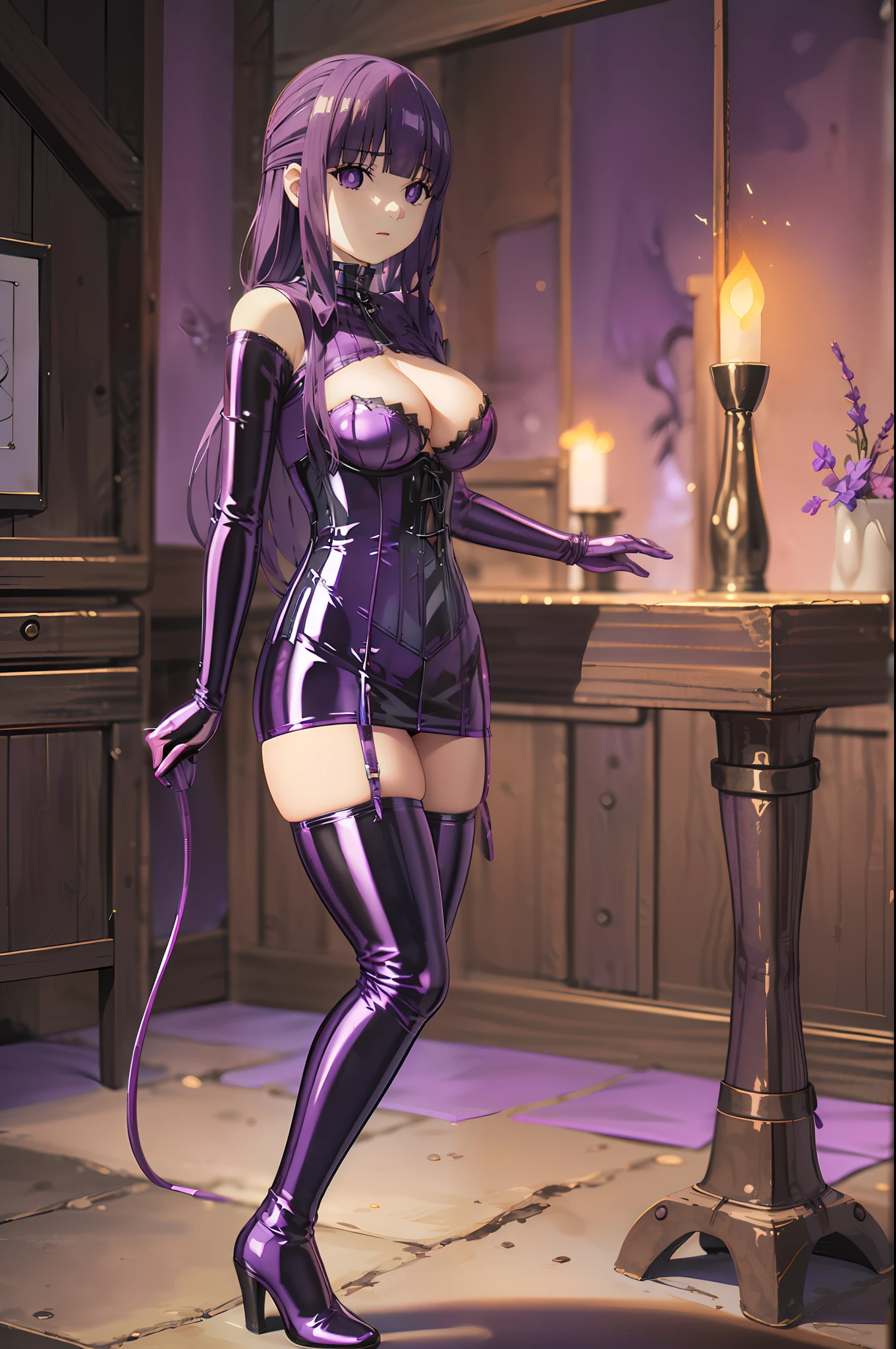 (highest quality, masterpiece),sexy, erotic, 1 girl, 18-year-old, despise, Pride, purple long hair, ((purple eyes)), looking at the viewer, medieval tabernacle, (close), ((dark room)), the candle is lit,, ((cleavage)), Mr.々Inside a torture chamber with various tools、
BDSM、(((purple latex corset dress:1.4)))、The corset is decorated with beautiful embroidery.、corset dress with shoulder straps、(((purple latex tight miniskirt:1.4)))、(((purple latex bra)))、(((purple latex panties)))、first round、((Black Thigh Boots))、high heel boots、Expressionless