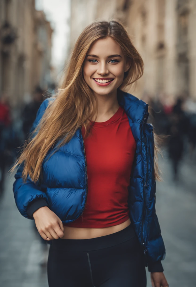 ultrarealistic high quality photo of a beautiful young tall busty european girl with cute face and natural blonde long hair and beautiful embarrassed smile, realistic eyes, freckles, glossy red lips, smokey eyes makeup, wearing blue running tights and small padded jacket, full body side view street photography