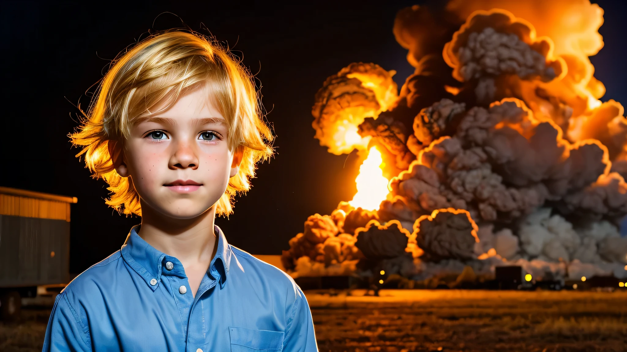KIDS MAN ROCK BLONDE hair, portrait photo, DANGEROUS NUCLEAR EXPLOSION