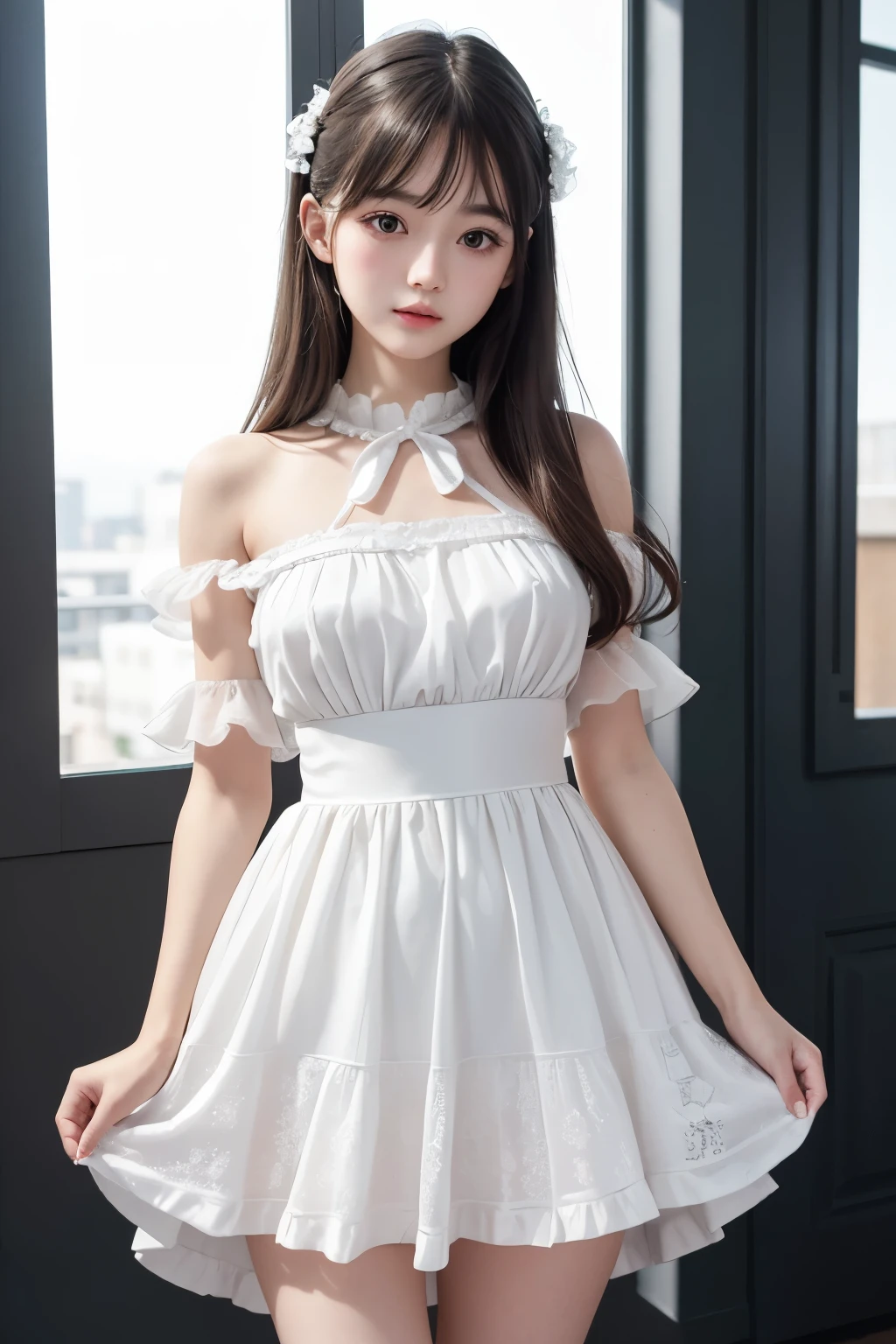 best quality, 32k, RAW photo, incredibly absurdres, extremely detailed, delicate texture, neat and cute girl, 18 years old, shy, a frilly, fluffy pure white dress like an idol's, skirt lift, perfect body line, beautiful glossy hair, wind, professional lighting