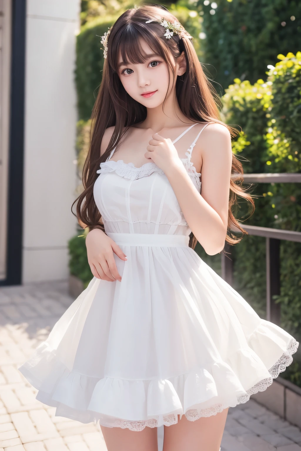 best quality, 32k, RAW photo, incredibly absurdres, extremely detailed, delicate texture, neat and cute girl, 18 years old, shy, a frilly, fluffy pure white dress like an idol's, skirt lift, perfect body line, beautiful glossy hair, wind, professional lighting