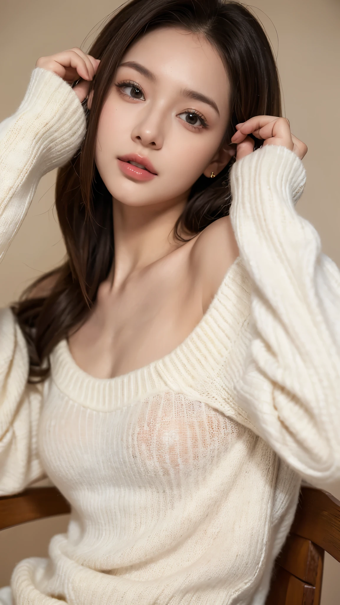 (best quality, 8k, 32k, masterpiece, ultra high definition:1.3), 1 girl, Lick lip, A look of enjoyment,(tiny :1.2), ,long-sleeves sweater, ((Areola))