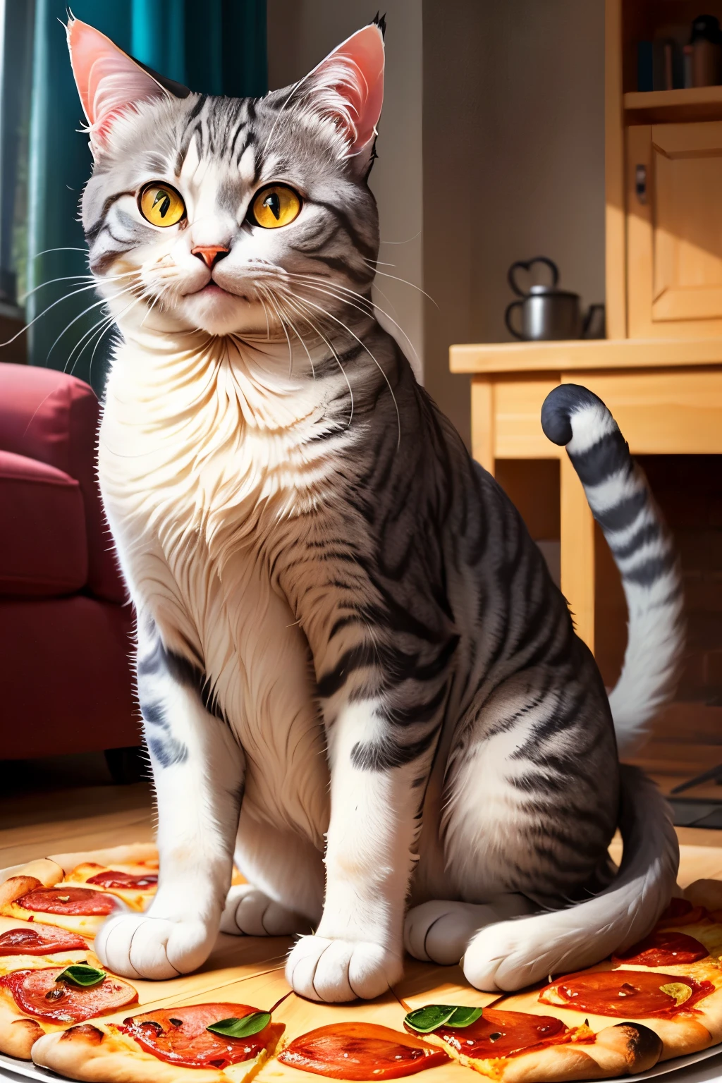 gray fluffy cat with very long whispers and big yellow eyes cat is holding pizza in its paws and biting it