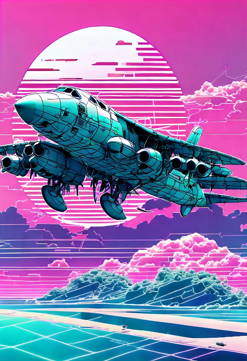 (Vaporwave Aesthetic:1.8)，Beautiful vaporwave aesthetics in artwork，Many aircraft and mechanical creatures