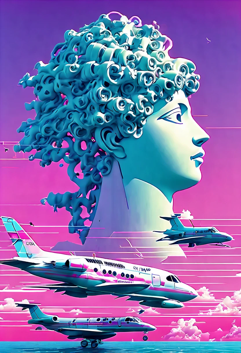 (Vaporwave Aesthetic:1.8)，Beautiful vaporwave aesthetics in artwork，Many aircraft and mechanical creatures