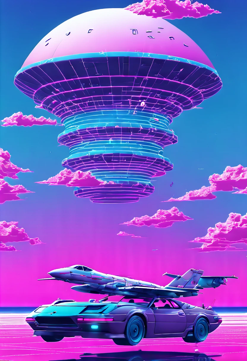 (Vaporwave Aesthetic:1.8)，Beautiful vaporwave aesthetics in artwork，Many aircraft and mechanical creatures