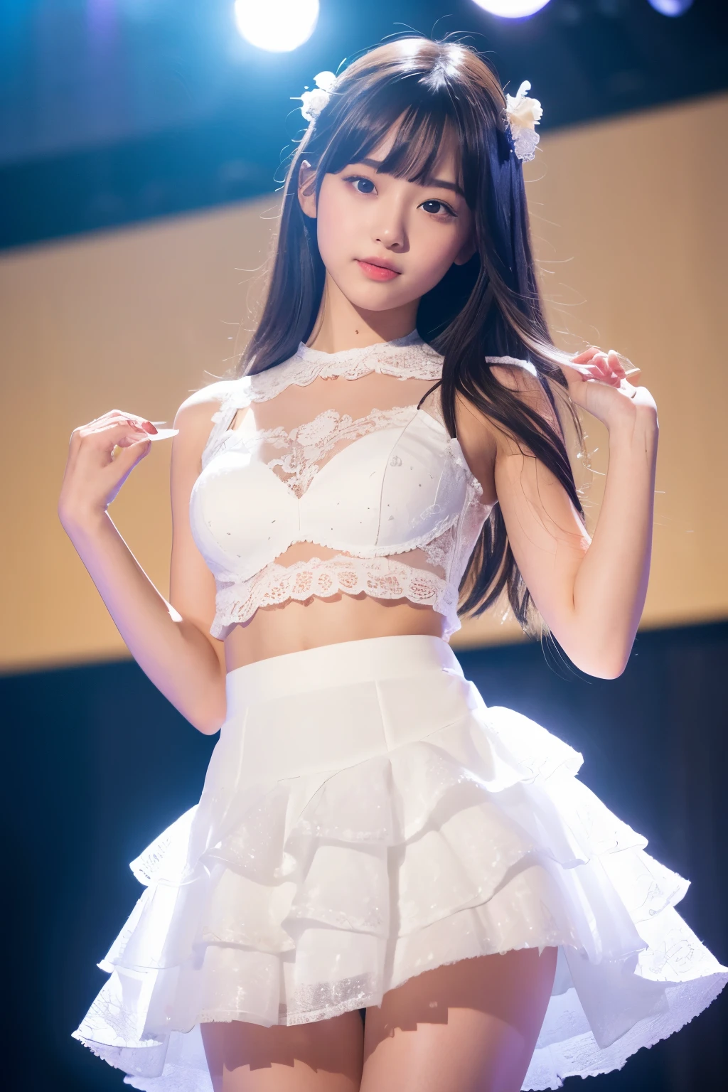 best quality, 32k, RAW photo, incredibly absurdres, extremely detailed, delicate texture, neat and cute girl, 18 years old, shy, a frilly, fluffy pure white dress like an idol's, skirt lift, perfect body line, beautiful glossy hair, wind, professional lighting
