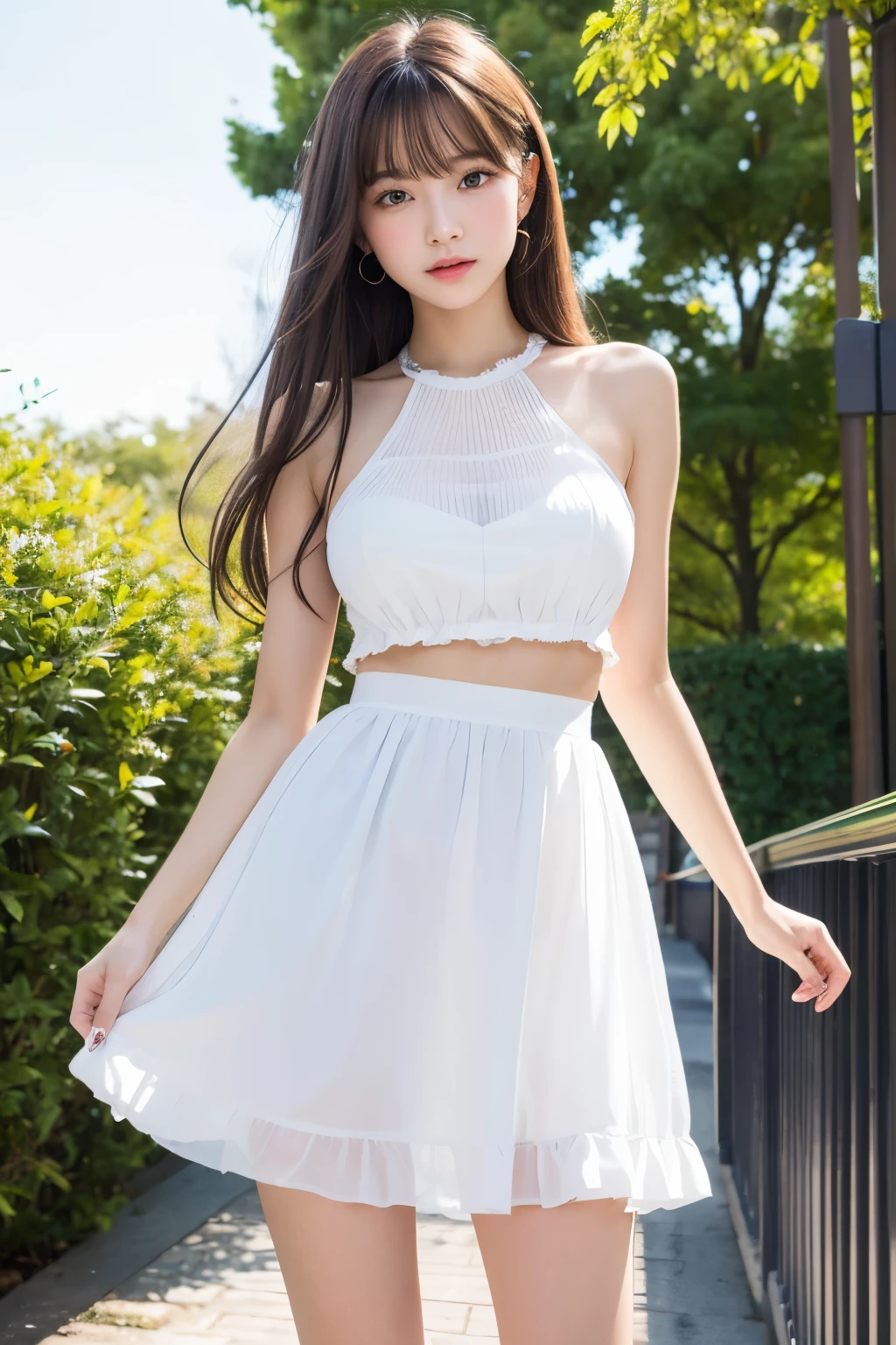 high detal,8K分辨率,超高分辨率,Young beautiful girl slightly fat,((waist-up)) ，full bodyesbian，A cute girl，long whitr hair，Bright and clear eyes,(voluminous hair,鎖骨,Exquisite and perfect facial features, the most beautiful big eyes,Long eyelashes,Wear a lace suspender bandeau top，Skirt，Crop topping，sweet eyes,ssmile)，dynamic angle,Extreme picture quality,Highest accuracy,Precise and perfect human anatomy，with blue sky and white clouds，On the beautiful seaside，sandbeach。