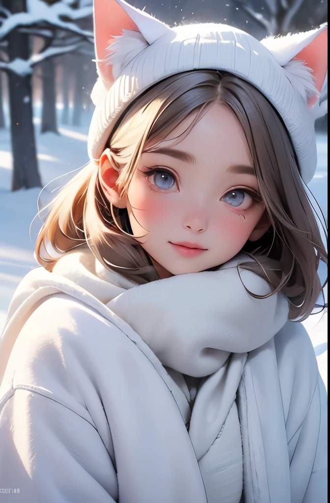 (best quality,4k,8k,highres,masterpiece:1.2),ultra-detailed,(realistic,photorealistic,photo-realistic:1.37),A cute cat girl with soft and fluffy white fur, with adorable detailed eyes and delicate pink nose and lips, standing in a snowy landscape. The girl has a sweet and innocent expression, with a hint of curiosity in her eyes. She is wearing a cozy winter outfit, with a knitted hat and scarf that match her fur color, adding extra cuteness to her appearance. The snowflakes are falling gently around her, creating a magical and dreamy atmosphere.

The snow-covered ground is pristine and pure, creating a soft and serene backdrop for the cat girl. The trees and foliage are partially covered in snow, with delicate branches peeking through the white blanket. The sunlight filters through the trees, casting a warm and gentle glow on the scene, enhancing the overall enchanting ambiance.

The color palette is dominated by shades of white and soft pastels, creating a calm and soothing atmosphere. The cat girl's fur is a mixture of whites and creams, with slight hints of pink blush on her cheeks. The landscape is bathed in cool tones of blue and gray, with subtle touches of pale pinks and purples in the sky and clouds.

The lighting is soft and diffused, with a gentle backlight illuminating the cat girl's silhouette, creating a soft halo effect around her. The shadows cast by the trees add depth and dimension to the scene, enhancing its overall realism.

This prompt will deliver a stunning and heartwarming masterpiece, showcasing the beauty of nature and the innocence of the cat girl in the snowy landscape.