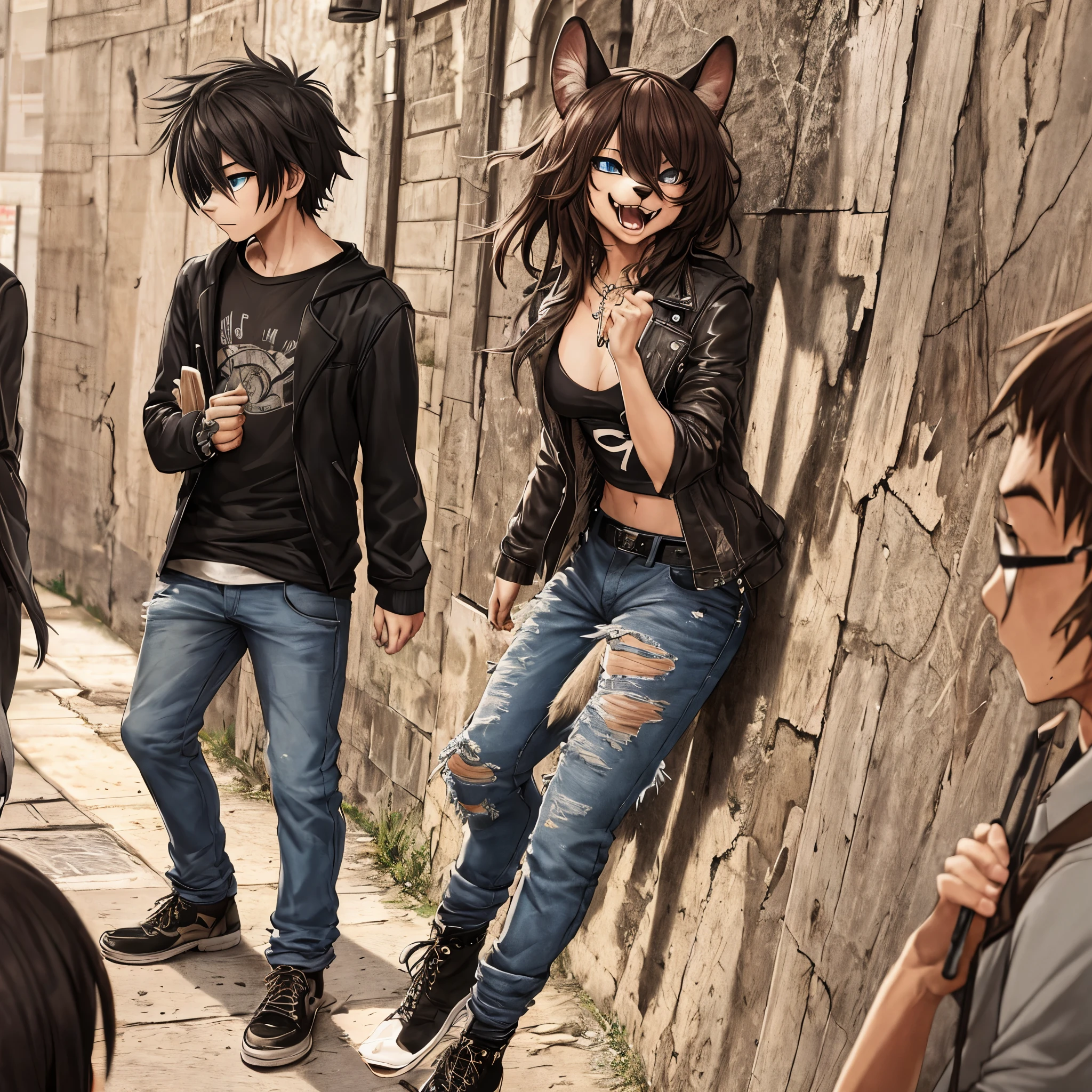dynamic angle, top quality, best quality, High-quality illustrations, masterpiece, super high resolution, detailed background, detailed background, Stylish CD jacket, punk rock, torn Clothes, street, Concrete wall, group shot:0.1, 6+boys, 6+girls, Happy, joyful, absurdres(highly detailed beautiful face and eyes)perfect anatomy(kemono, furry anthro),