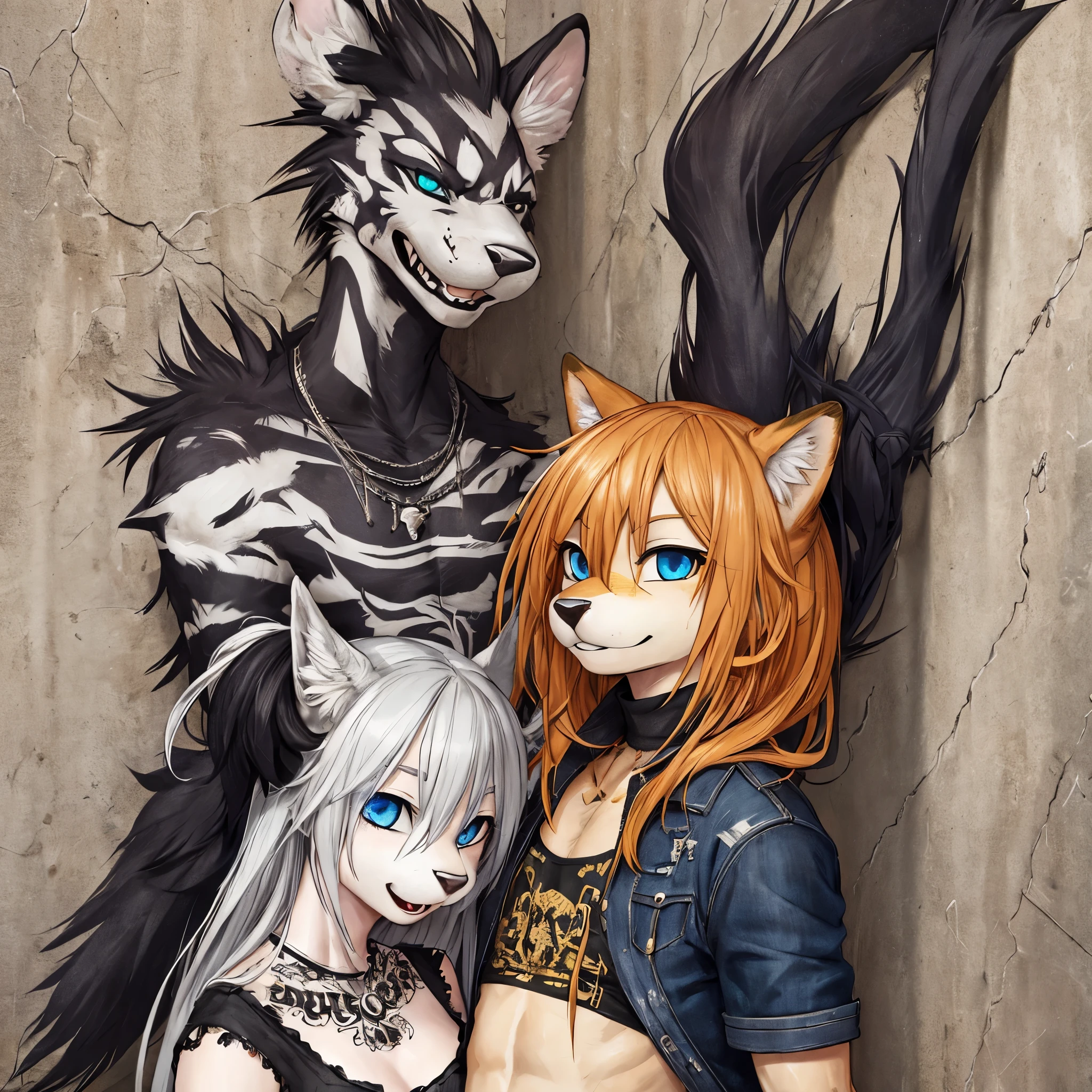 dynamic angle, top quality, best quality, High-quality illustrations, masterpiece, super high resolution, detailed background, detailed background, Stylish CD jacket, punk rock, torn Clothes, street, Concrete wall, group shot:0.1, 6+boys, 6+girls, Happy, joyful, absurdres(highly detailed beautiful face and eyes)perfect anatomy(kemono, furry anthro),